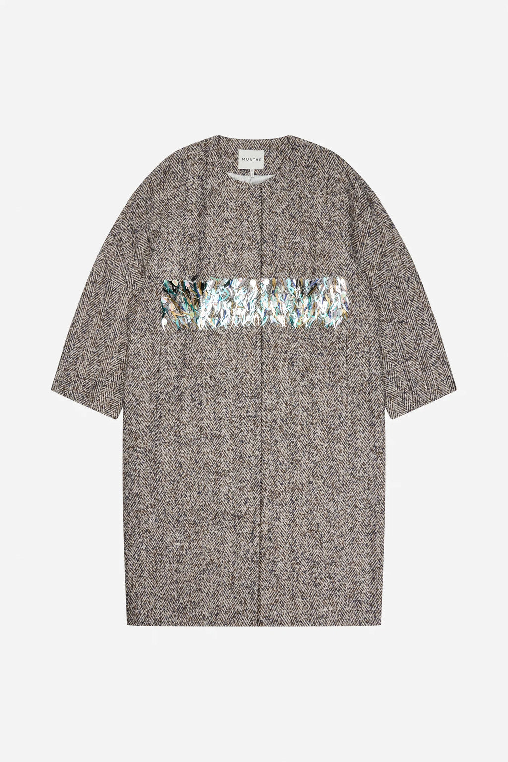 MUNTHE NINELLA Grey Blue Tweed Coat with Sequin Detailing
