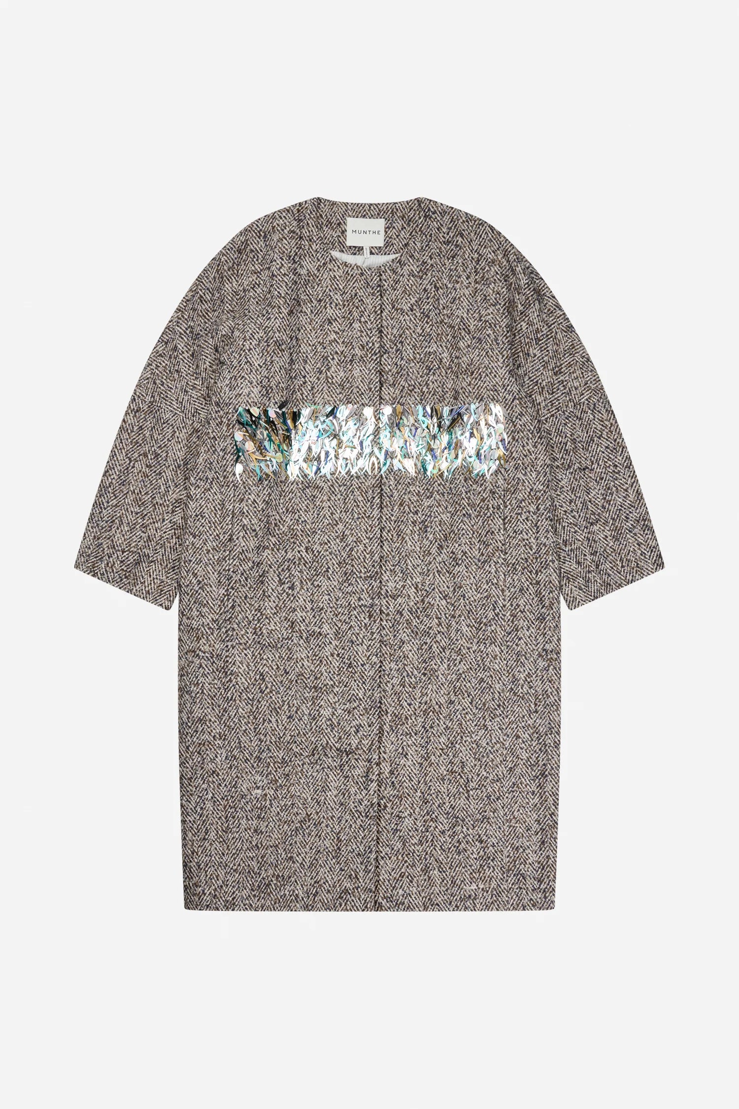 MUNTHE NINELLA Grey Blue Tweed Coat with Sequin Detailing