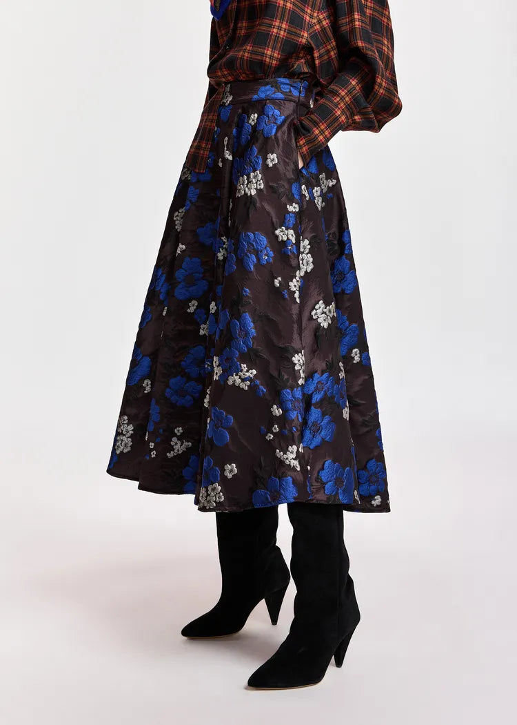 Essentiel Antwerp Burgundy Cobalt Blue Floral Jacquard Full Skirt