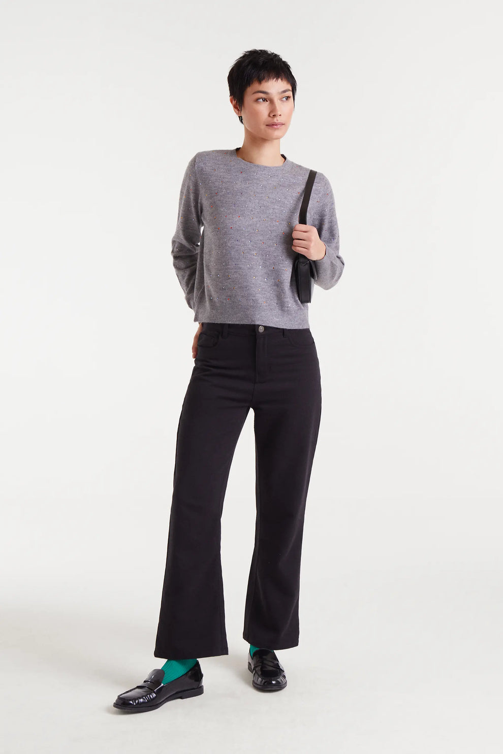 Compañia Fantastica Grey Fine Knit Jumper with Multi-Coloured Gems