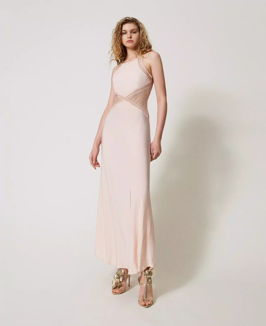 Twinset Milano cupcake pink long satin slip dress with lace