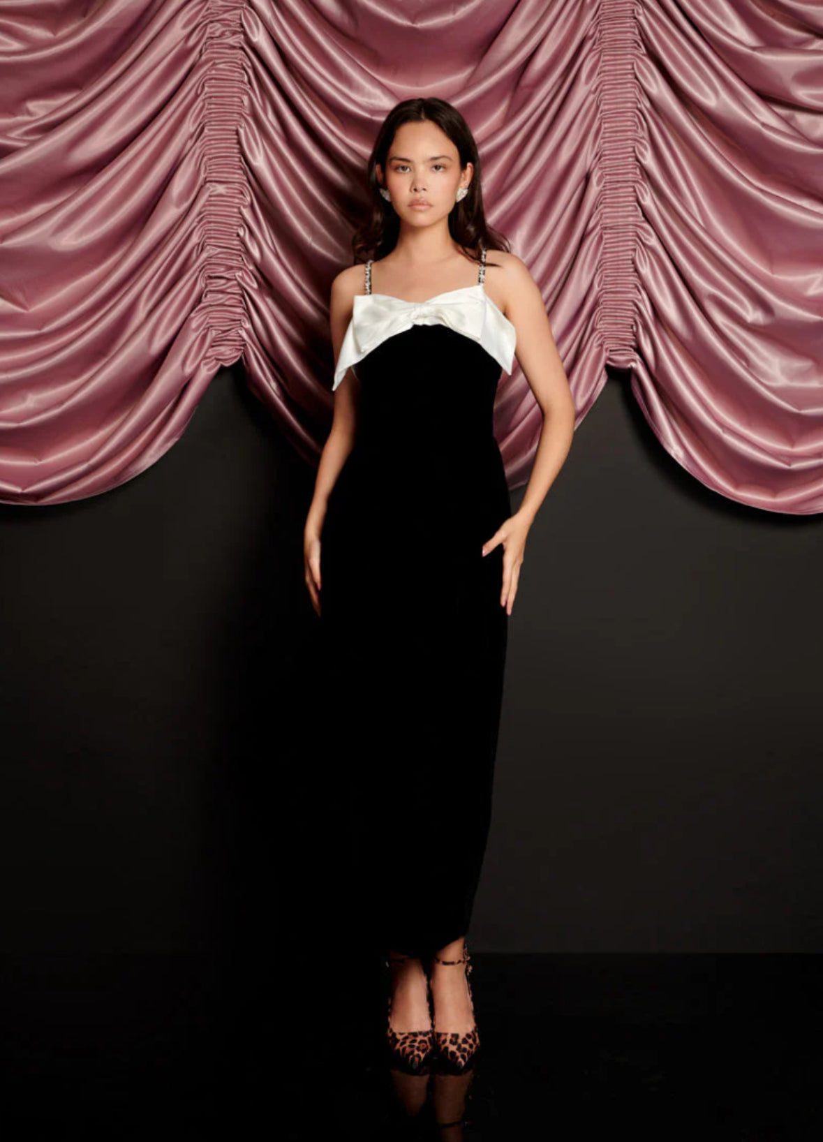 Sister Jane Black Velvet Midi Dress with White Bow & Embellished Straps