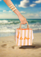 NALI Raffia Bag with Pink Stripe & Orange Lettering