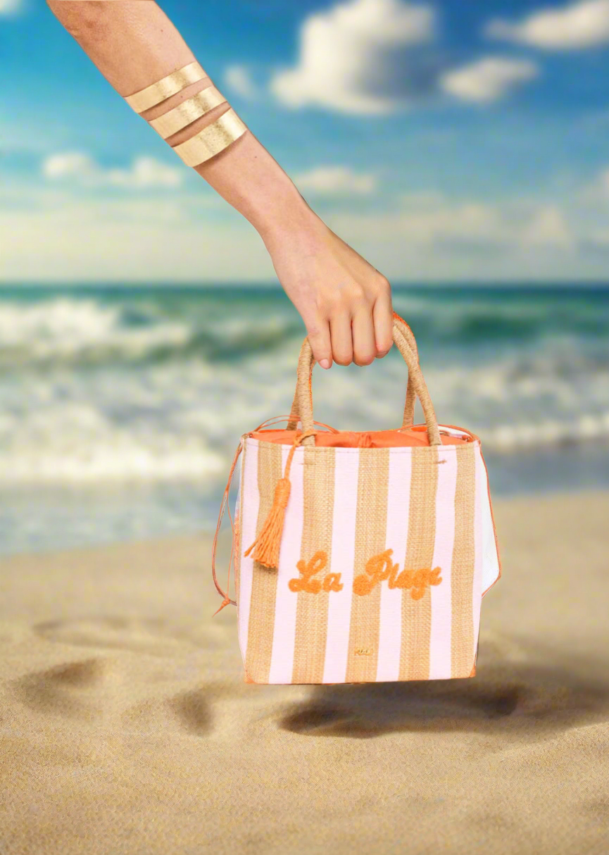 NALI Raffia Bag with Pink Stripe & Orange Lettering