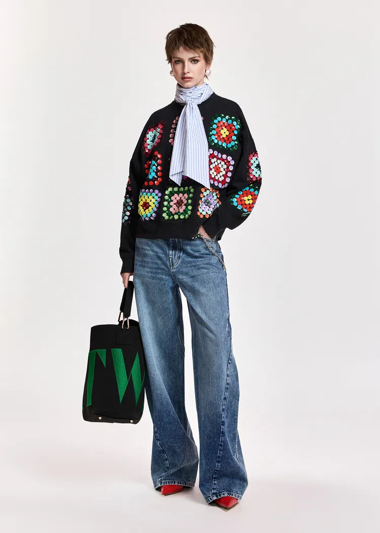 Essentiel Antwerp Black Sweatshirt with Sequin Embellishments