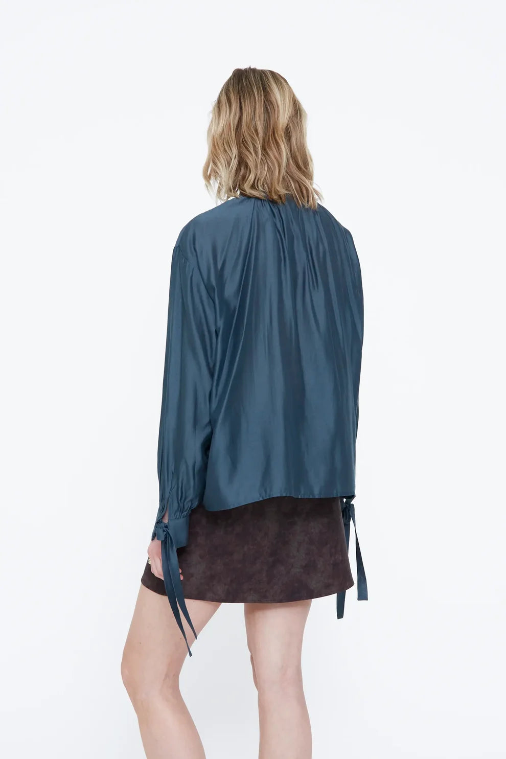 Wild Pony Teal Satin Blouse with Tie Neck