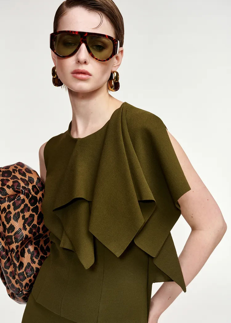 Essentiel Antwerp Khaki Green Top with Frill Detail