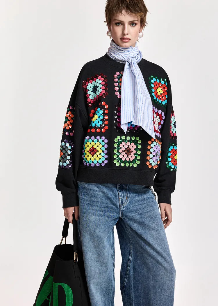 Essentiel Antwerp Black Sweatshirt with Sequin Embellishments