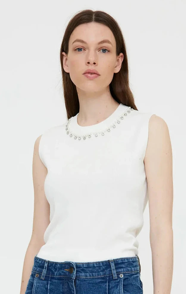 Wild Pony White Fine Knit SleevelessTop with Jewel Neckline