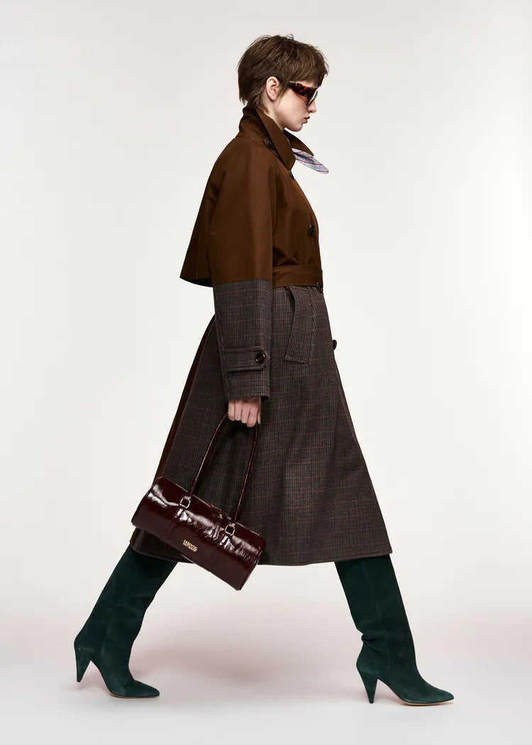 Essentiel Antwerp Brown and Tweed Colour Block Trench Coat