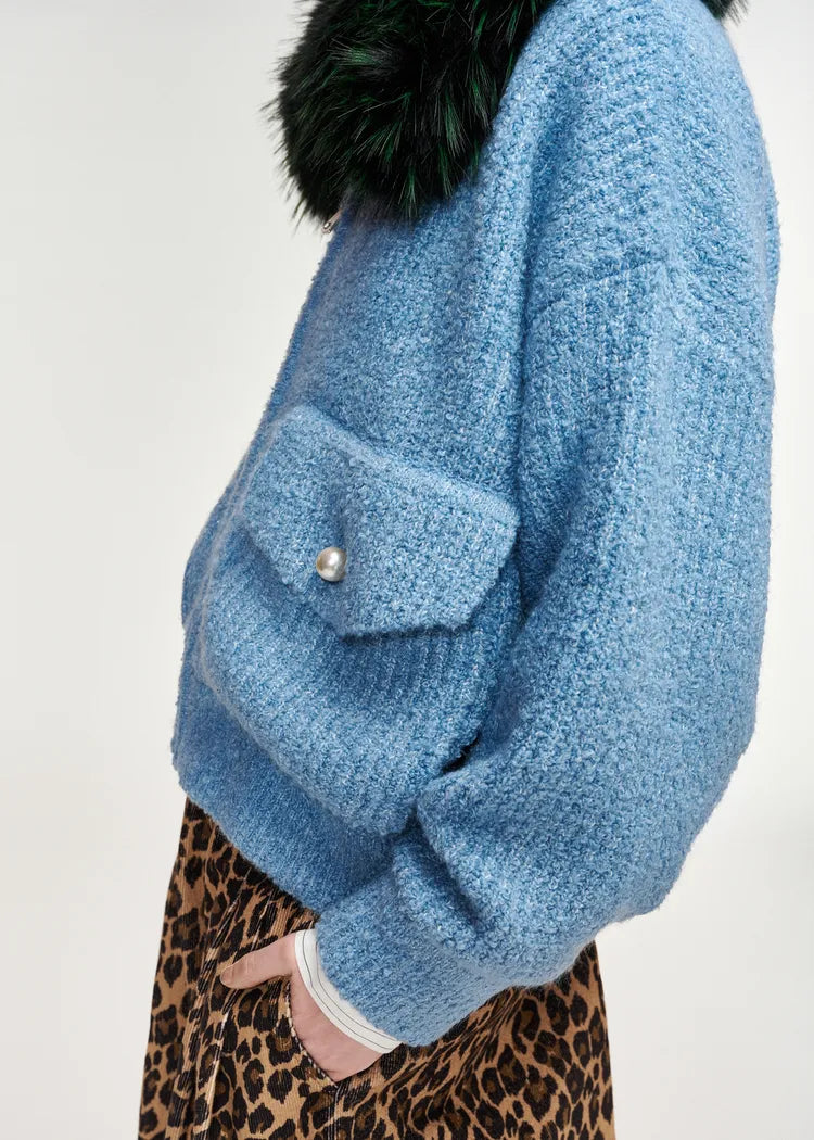 Essentiel Antwerp Baby Blue Bouclé Bomber with Removable Faux Fur Collar