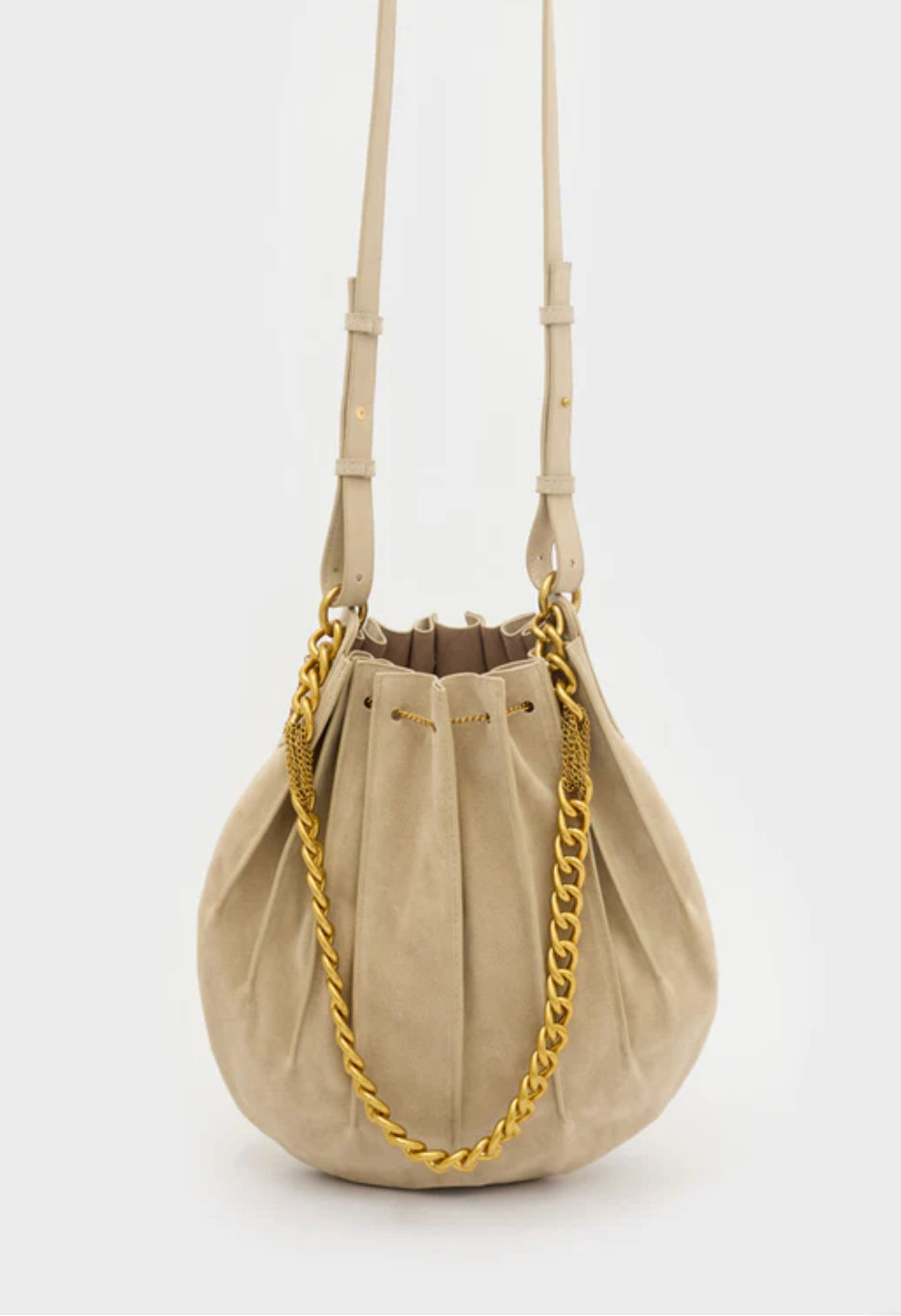 NALI Cream Suede Leather Handbag with Gold Chain Hardware