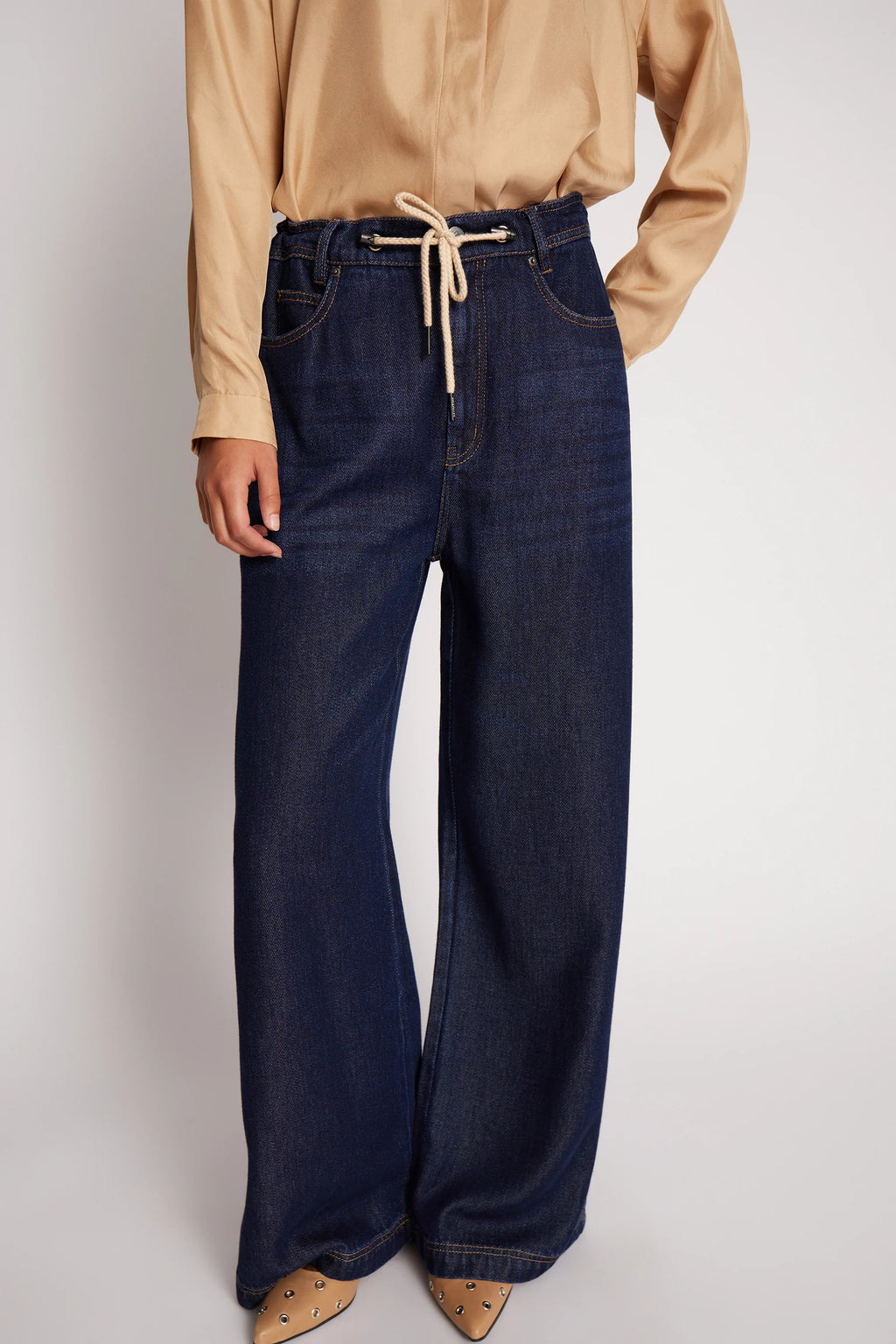 MUNTHE OBEY Indigo Blue Wide Leg Jeans with Tie Waist