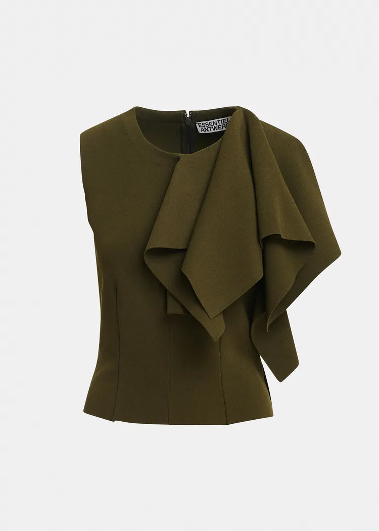 Essentiel Antwerp Khaki Green Top with Frill Detail