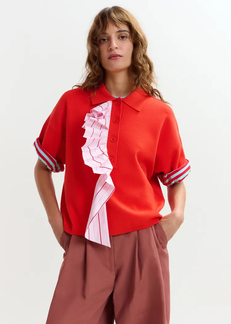 Essentiel Antwerp Orange Polo Top with Pink Ruffle