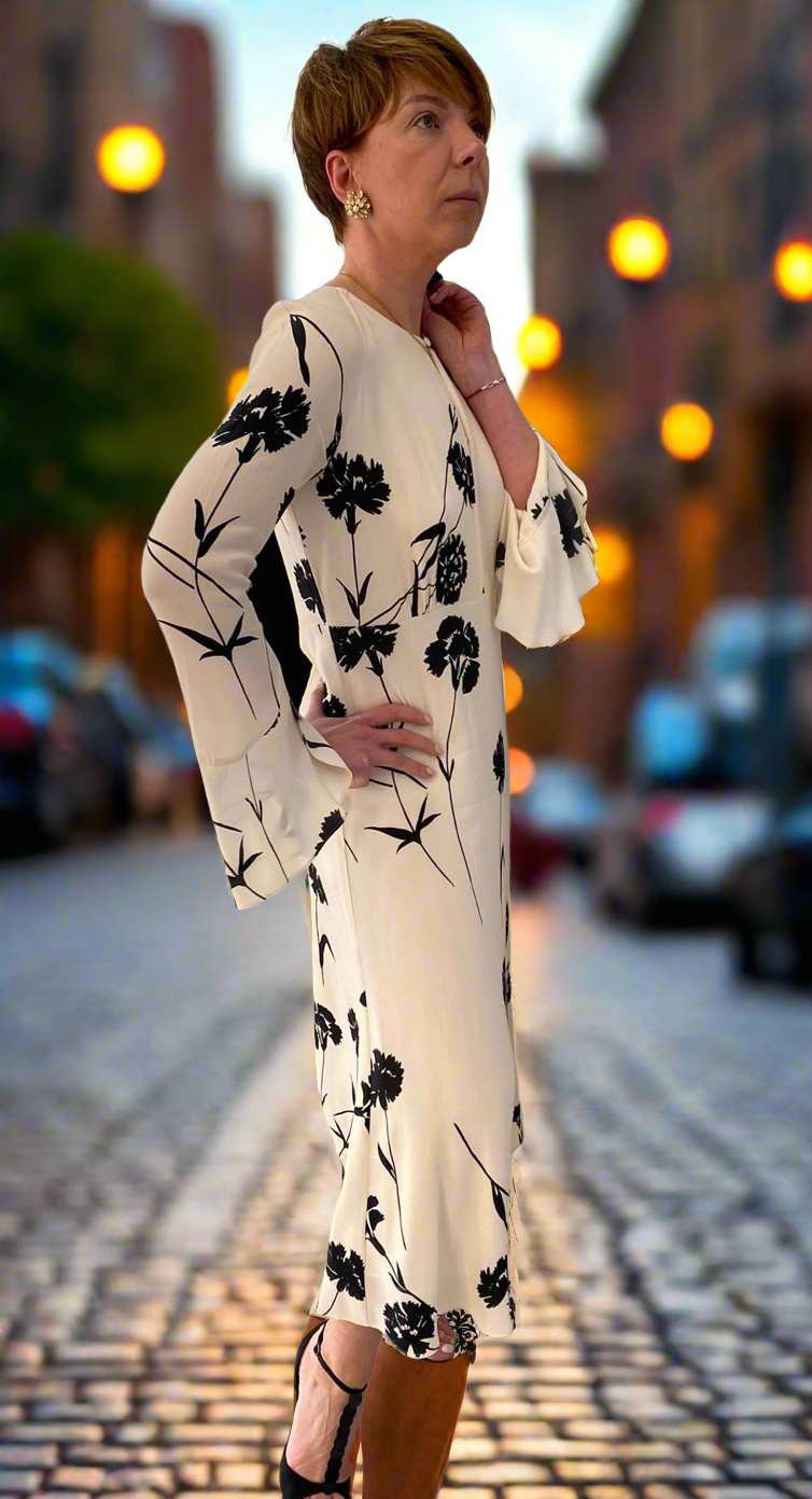 Twinset Cream & Black Wisteria Carnation Crepe de Chine Dress