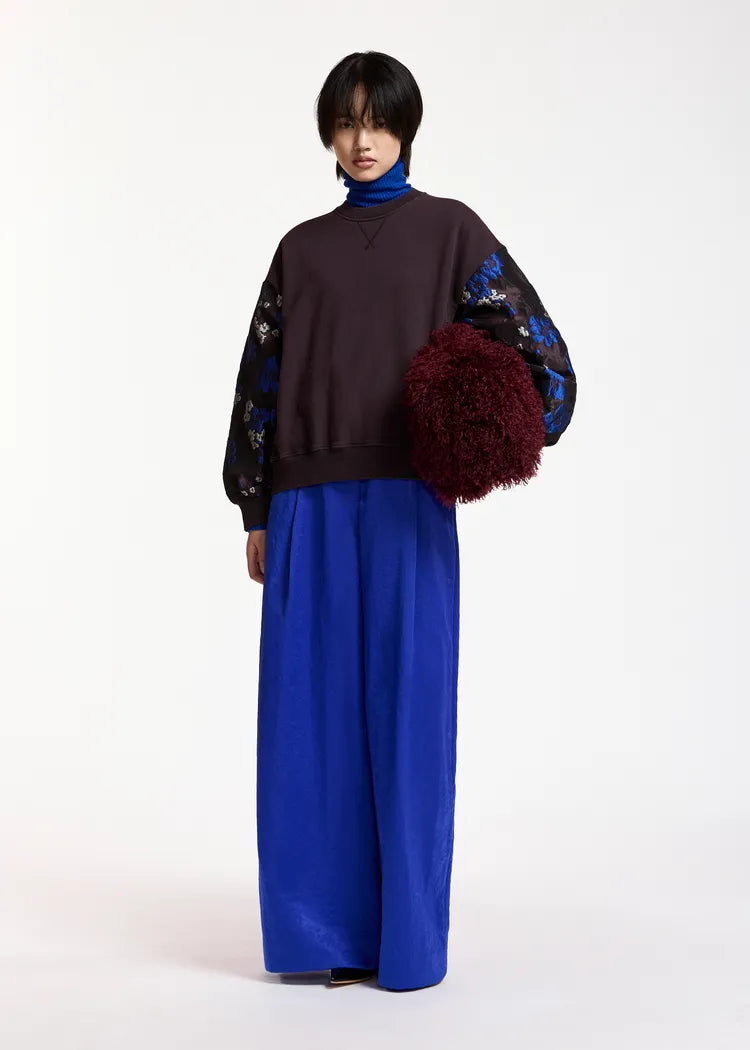 Essentiel Antwerp Plum Sweatshirt with Cobalt Blue Floral Jacquard Sleeves