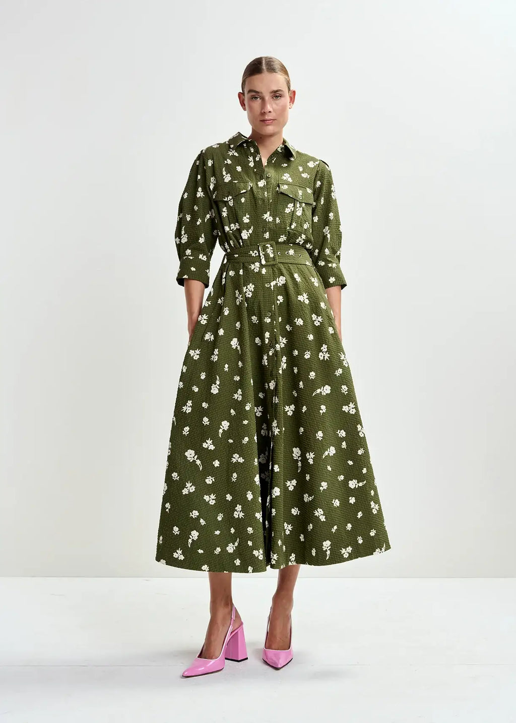 Essentiel Antwerp Olive Green Floral Belted Shirt Dress