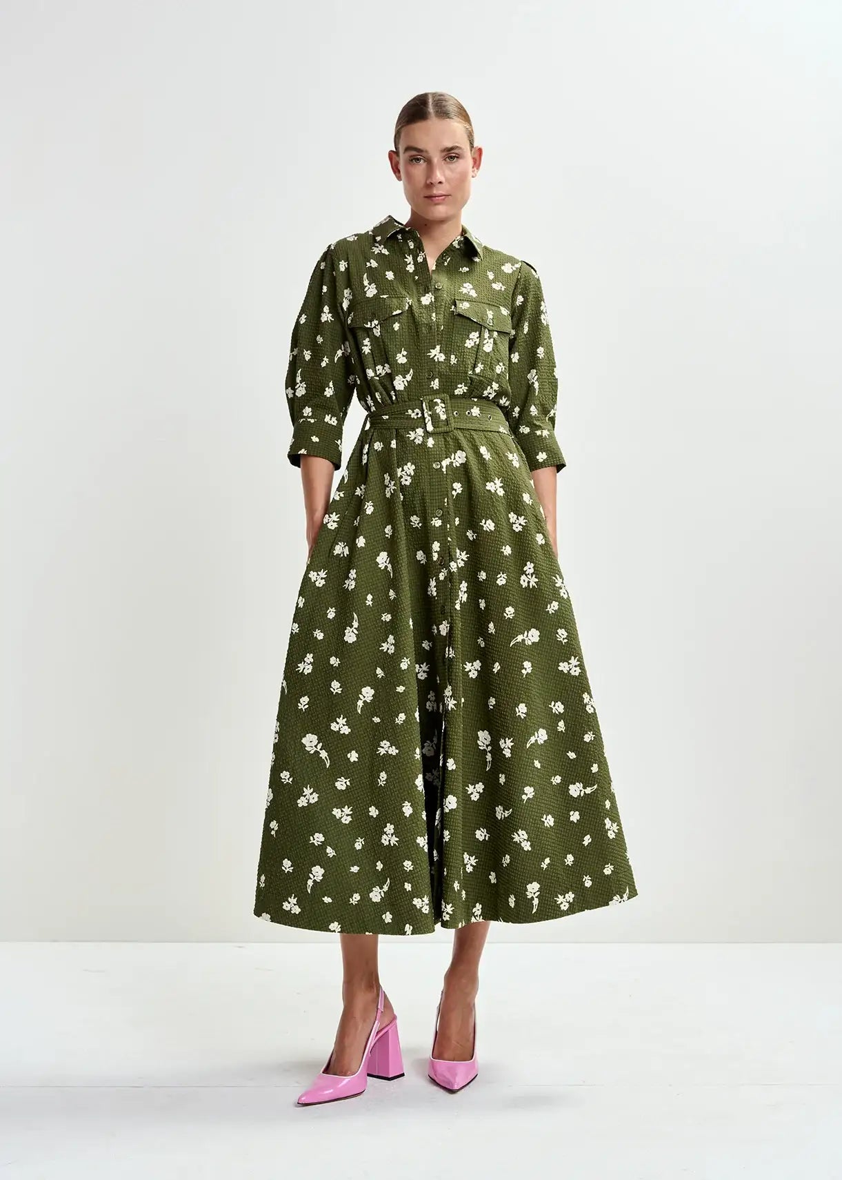 Essentiel Antwerp Olive Green Floral Belted Shirt Dress