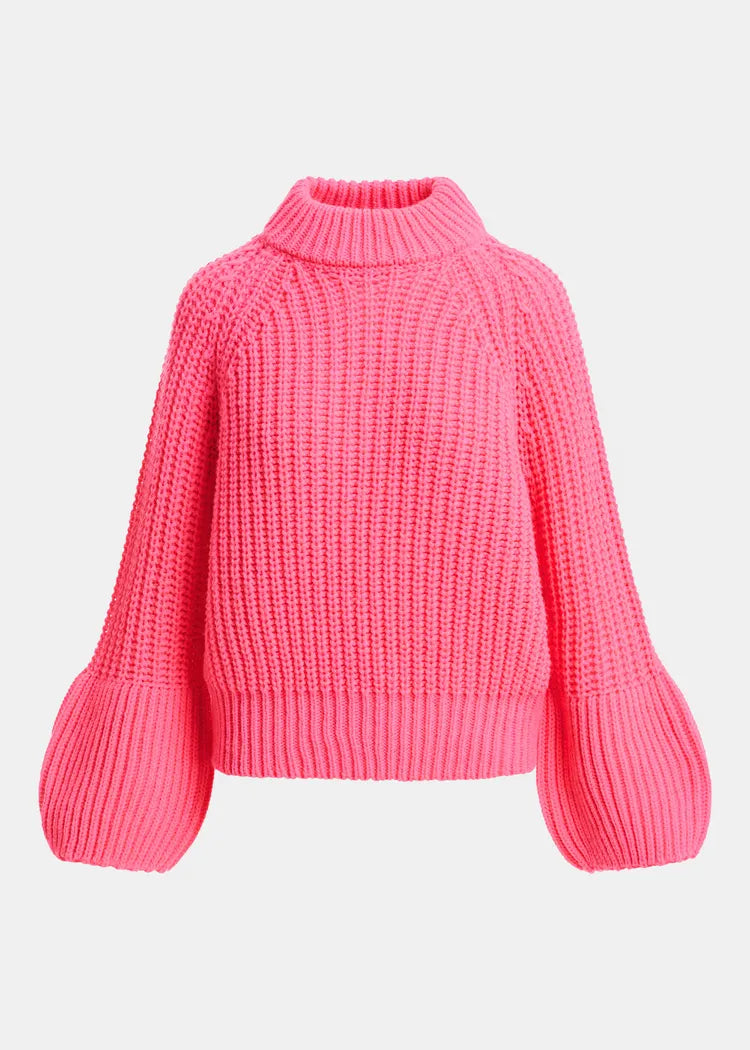 Essentiel Antwerp Neon Pink Chunky Turtleneck Knit with Voluminous Sleeves