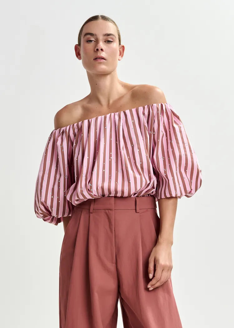 Essentiel Antwerp Pink & Brown Striped Off-the-Shoulder Bodysuit with Diamante Embellishments