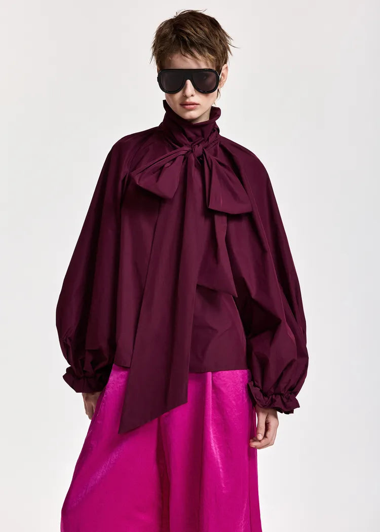 Essentiel Antwerp Burgunday Pussybow Top with Voluminous Sleeves