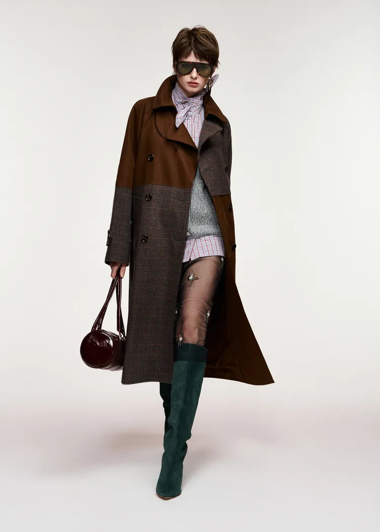 Essentiel Antwerp Brown and Tweed Colour Block Trench Coat