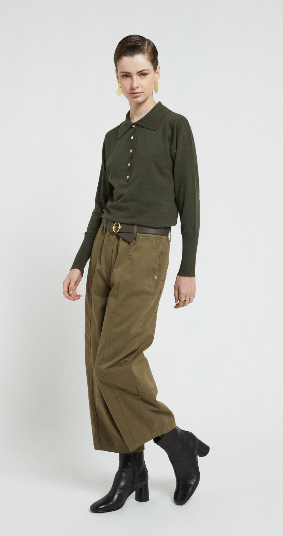 Ottod’Ame Army Green Fine Knit Jumper with Polo Collar