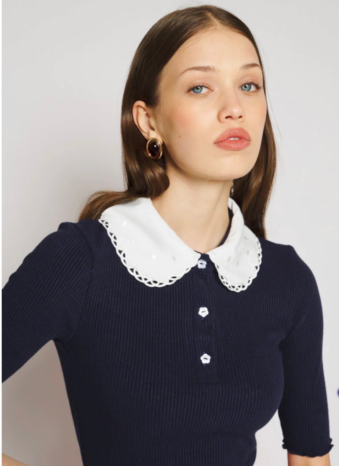 Sister Jane Navy Fine Knit Polo Top with White Collar