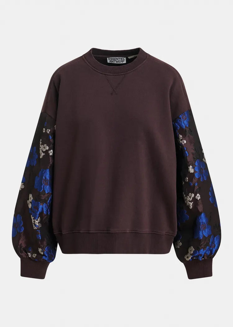 Essentiel Antwerp Plum Sweatshirt with Cobalt Blue Floral Jacquard Sleeves