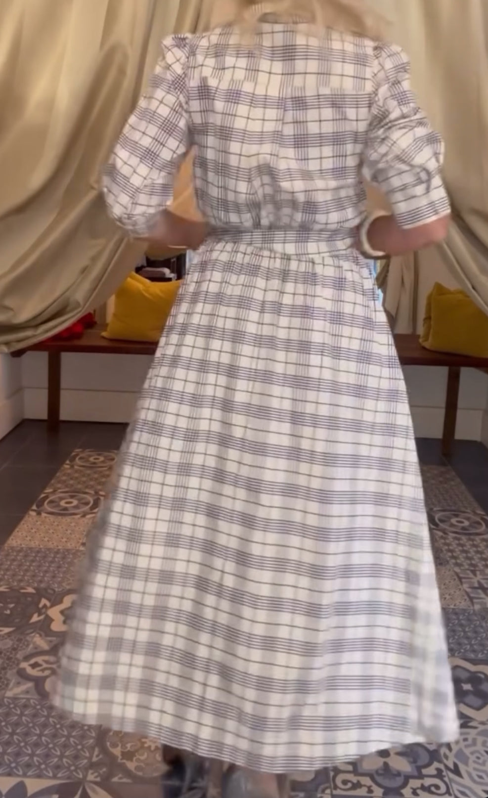 Essentiel Antwerp Ivory & Navy Check Belted Shirt Dress