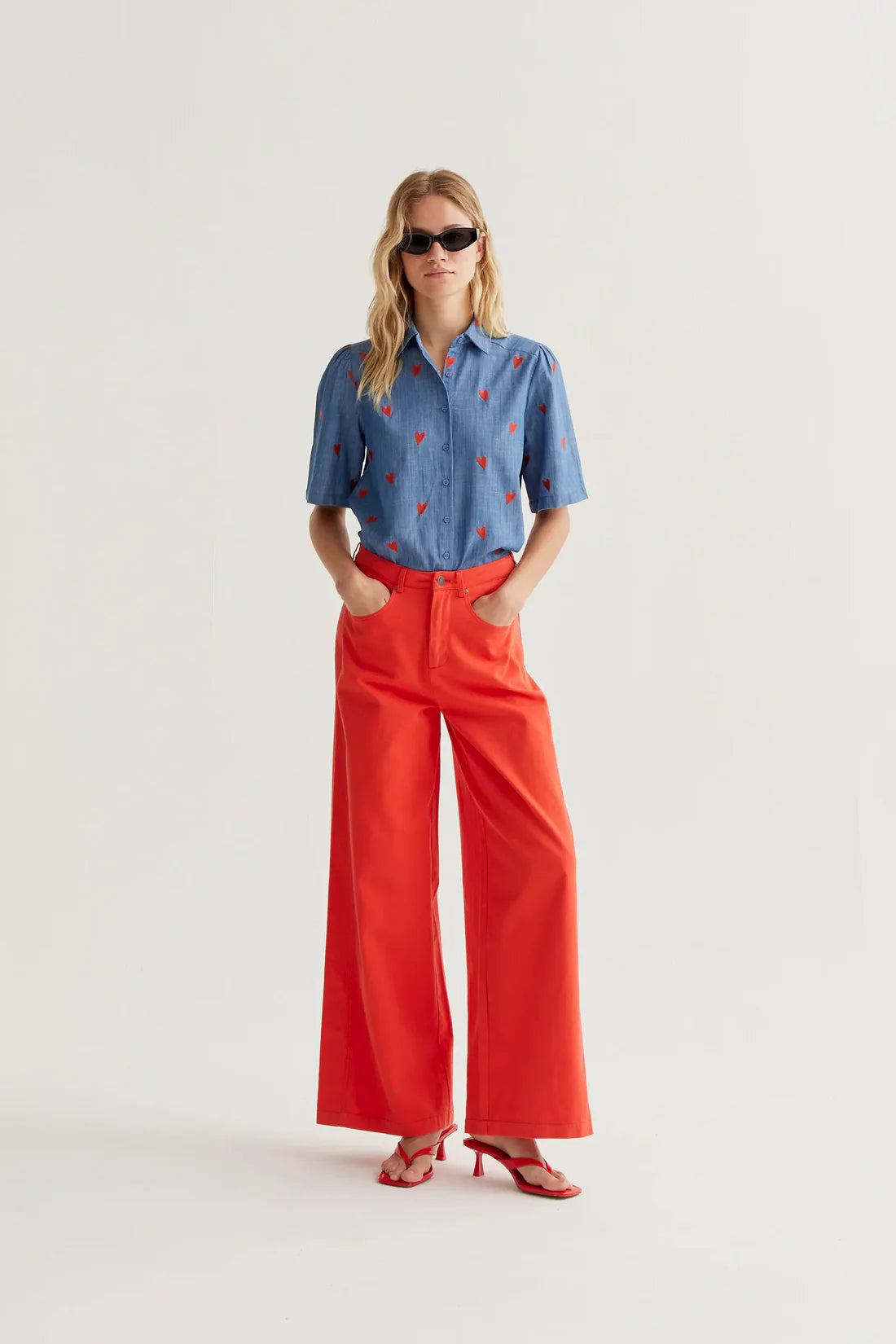 Compañía Fantástica Blue Denim Cotton Shirt with Embroidered Hearts