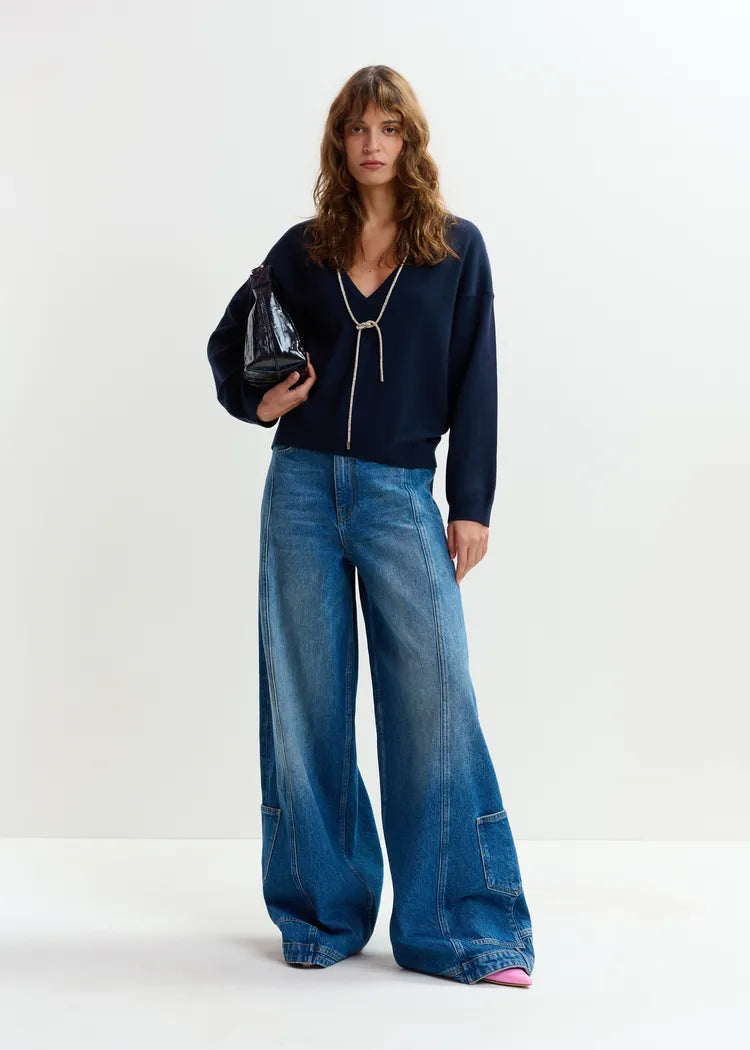 Essentiel Antwerp Navy Fine Knit Sweater with V-Back & Rhinestone Necklace