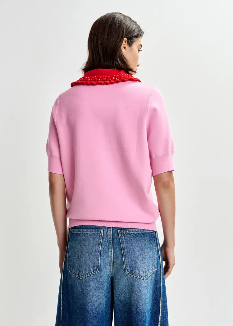 Essentiel Antwerp Pink Knit Polo Top with Red Frill Collar & Embellishment