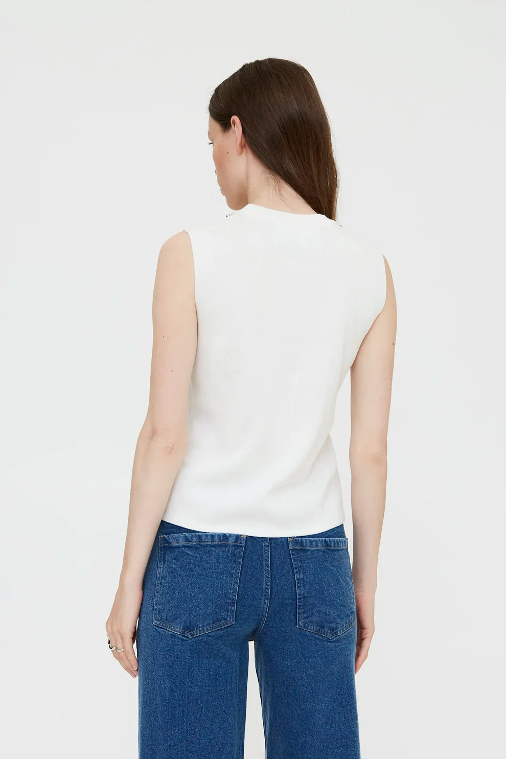 Wild Pony White Fine Knit SleevelessTop with Jewel Neckline