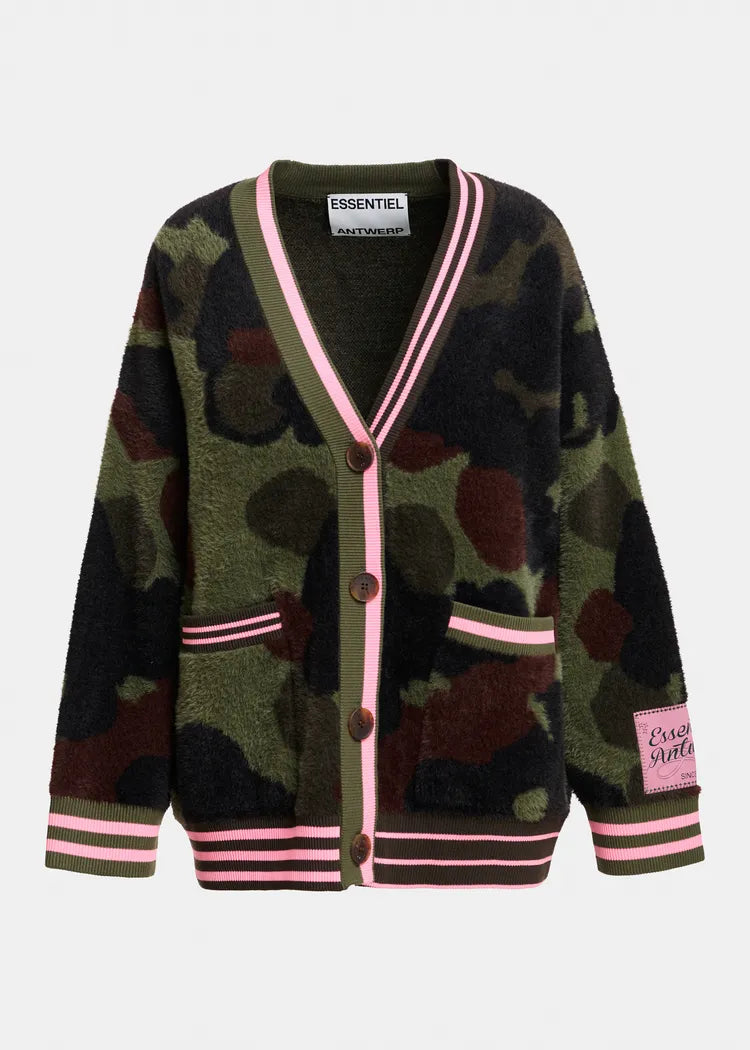 Essentiel Antwerp Khaki Camo Jacquard Cardigan with Pink Striped Trims
