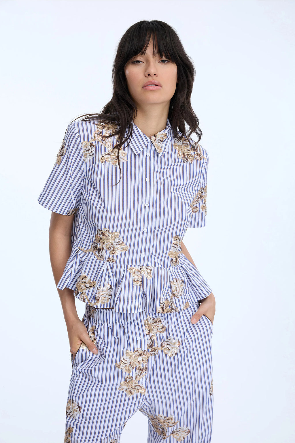 MUNTHE NURIANA White Striped Shirt with Peplum & Sequin Embellishment