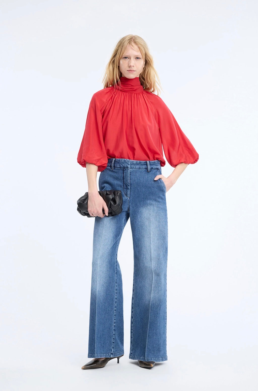 MUNTHE High Neck Red Blouse with Scooped Back