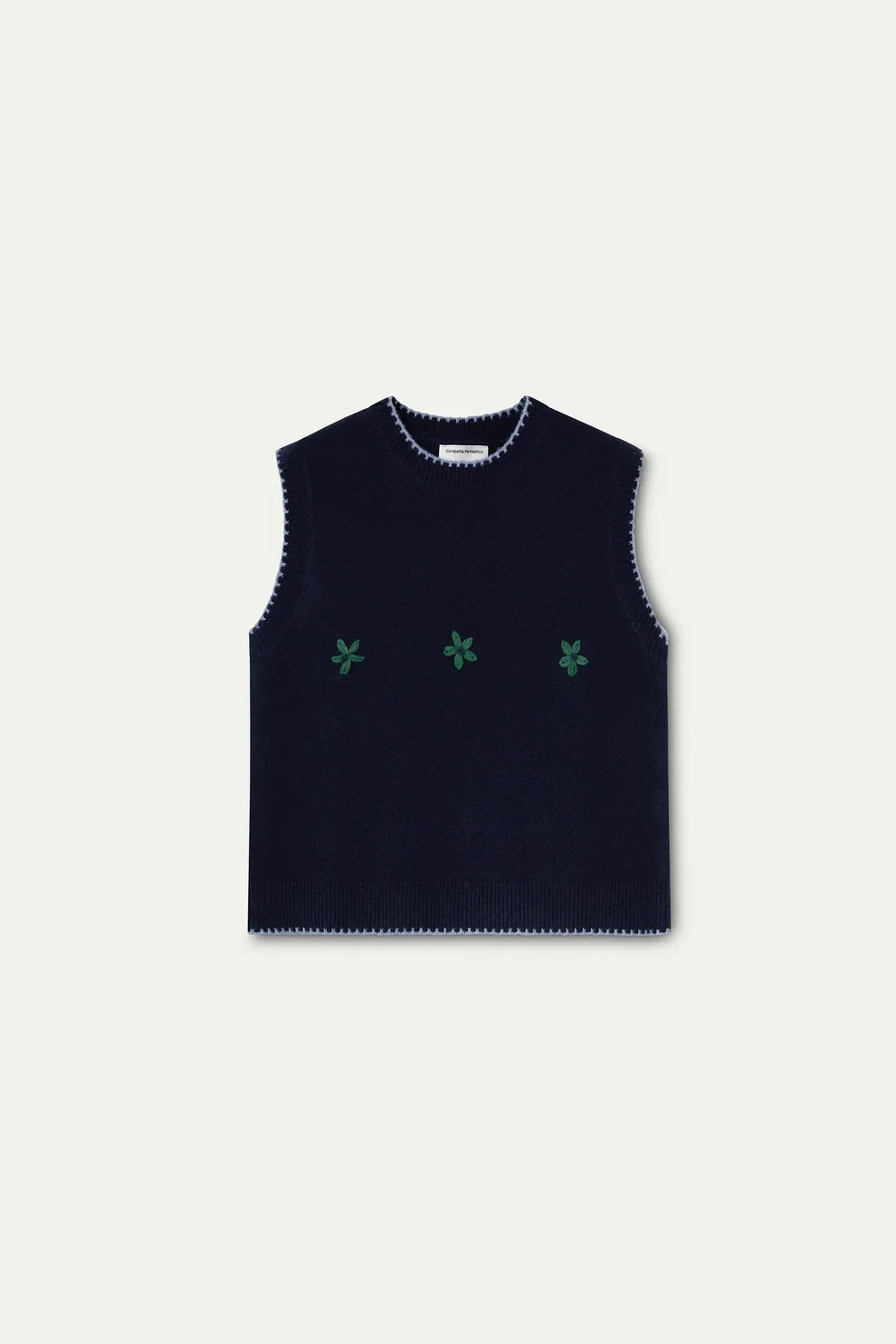 Compañia Fantástica Navy Knit Vest with Green Embroidered Flowers