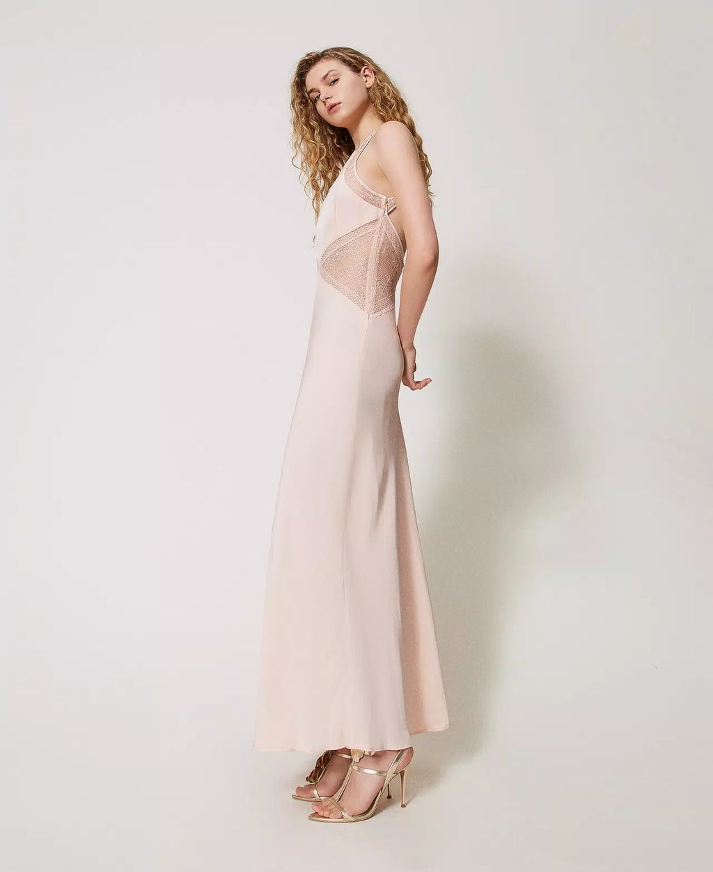 Twinset Milano cupcake pink long satin slip dress with lace