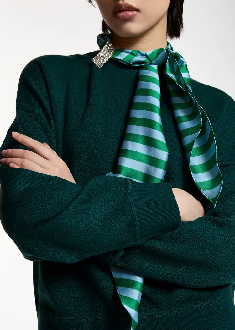 Essentiel Antwerp Forest Green Knit Sweatshirt with Striped Scarf & Brooch
