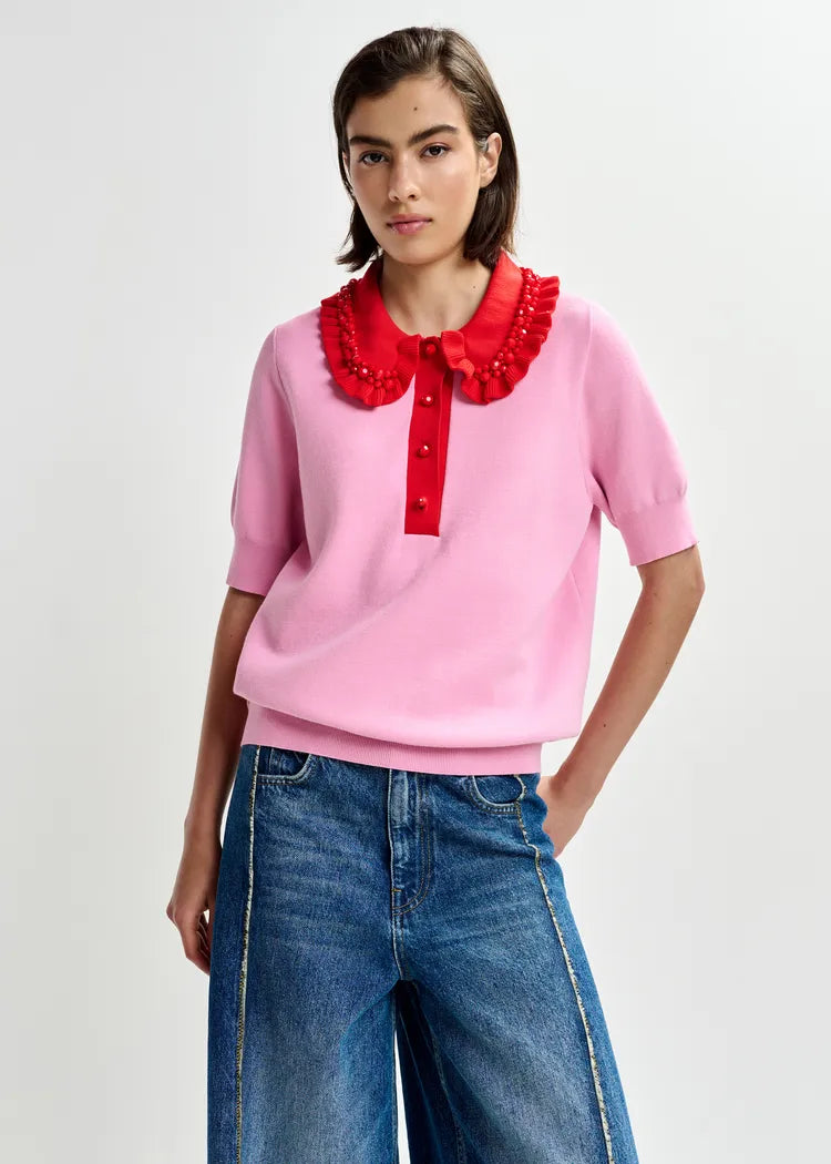 Essentiel Antwerp Pink Knit Polo Top with Red Frill Collar & Embellishment