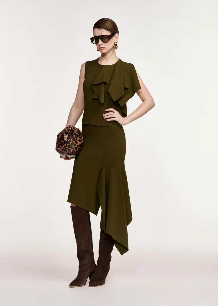 Essentiel Antwerp Khaki Green Skirt with Asymmetrical Frill