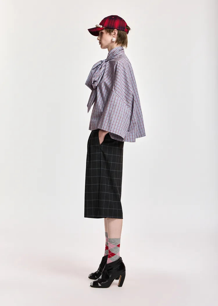 Essentiel Antwerp Blue & Red Pussybow 100% Cotton Shirt with Rhinestones