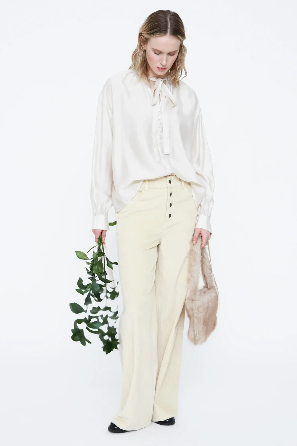 Wild Pony Ivory Satin Blouse with Tie Neck