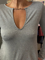 Ottod’Ame Silver Lurex Long Sleeve Top with Keyhole Neck