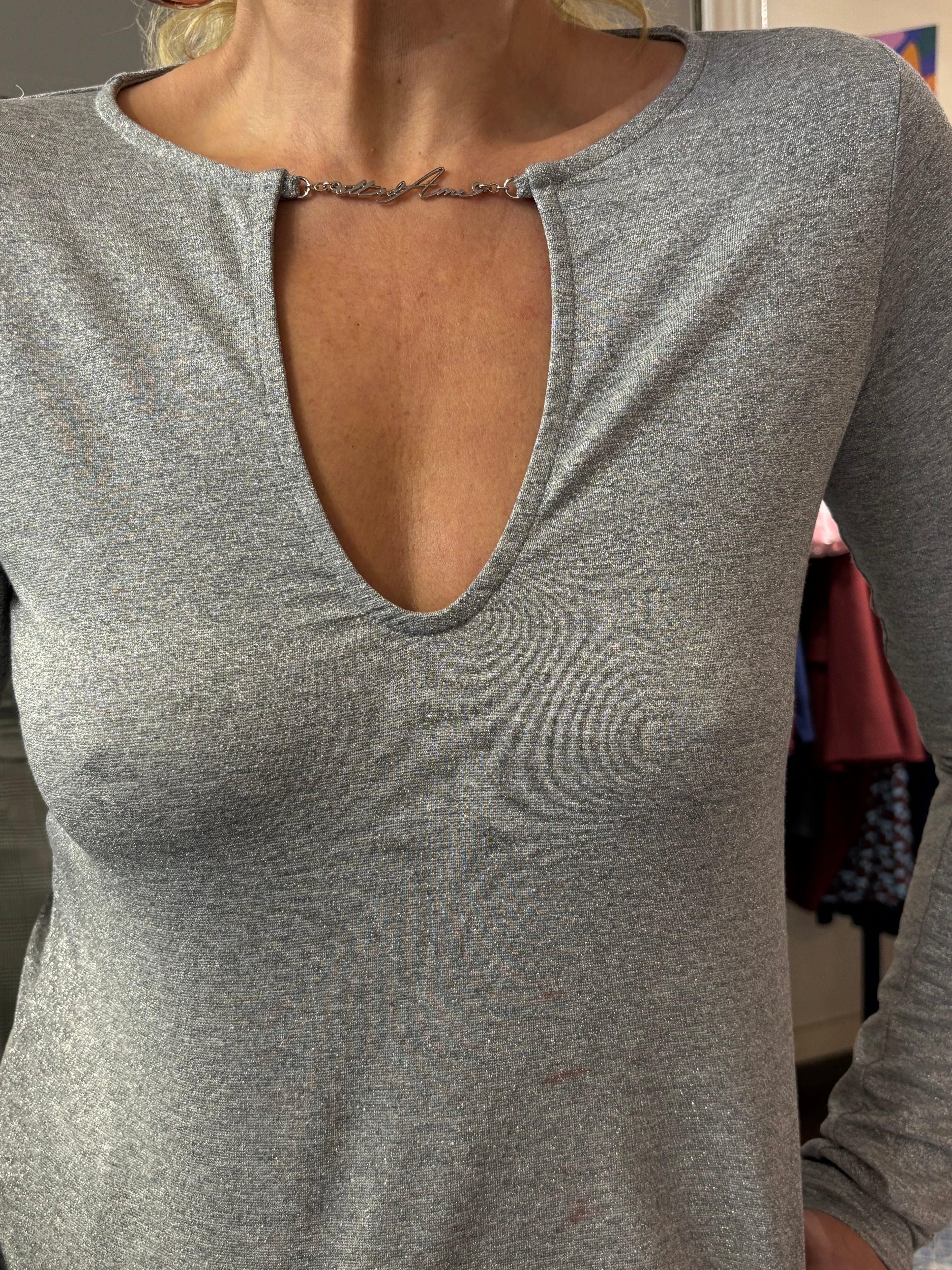 Ottod’Ame Silver Lurex Long Sleeve Top with Keyhole Neck