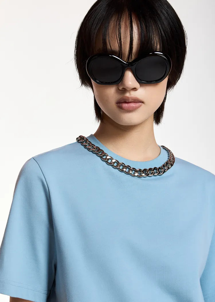 Essentiel Antwerp Light Blue Cotton T-Shirt with Chain Neckline