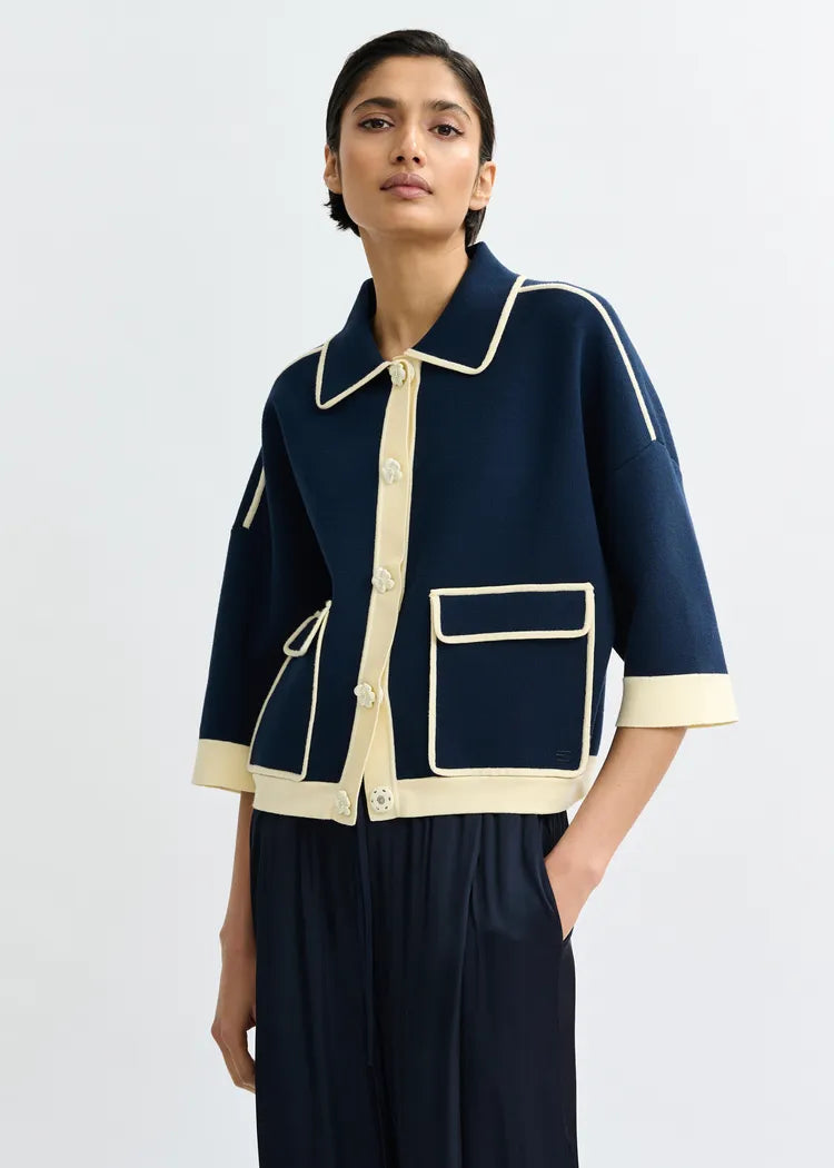 Essentiel Antwerp Navy Knit Cardigan with Flower Buttons & Contrasting Trim