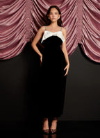 Sister Jane Black Velvet Midi Dress with White Bow & Embellished Straps